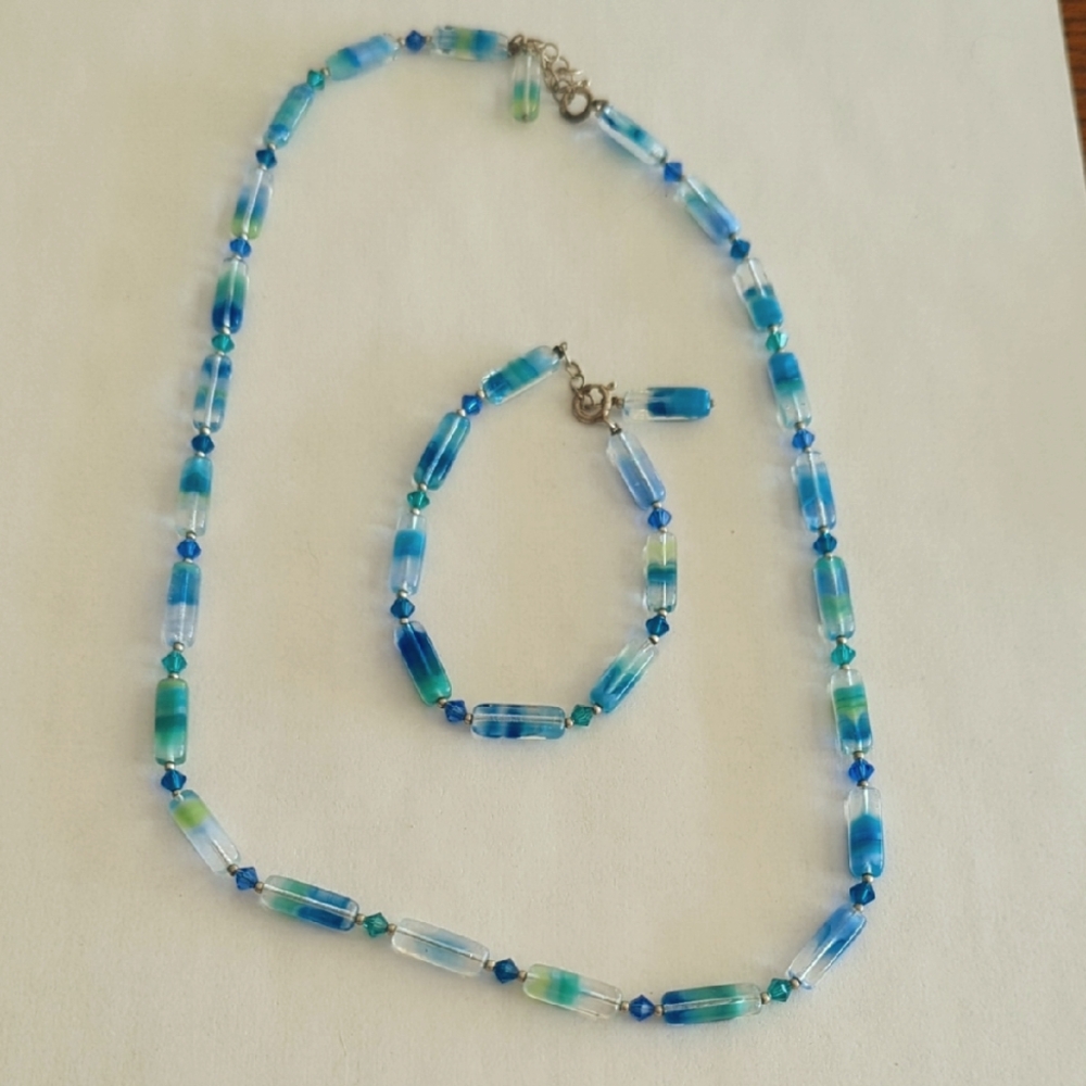 Blue and Green Glass Beads Necklace and Bracelet Set